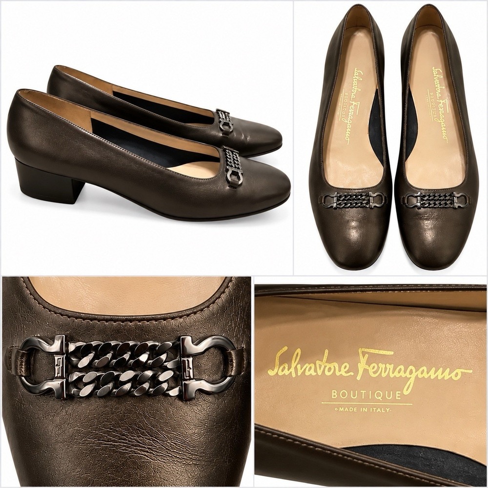 Salvatore Ferragamo Pumps Sz 8 AA Low Block Heel Brown Leather Timeless Classic